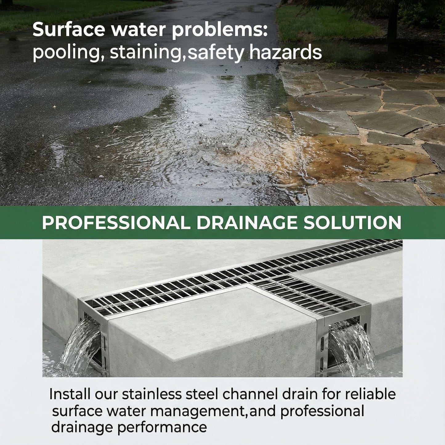 304 Stainless Steel Channel Drain Kit, 39.4x6.1x5.9inTrench Drainage System with Galvanized Steel Grate, Heavy Duty Channel Drain Kit for 2.3" Pipe, Outdoor for Driveway, Garage and Yard