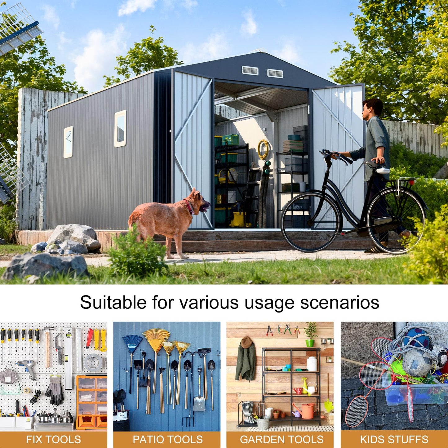 WELYAS 10x12 FT Outdoor Metal Storage Shed with Unique Floor Base Clear Roof Window Lockable Door Vent,Waterproof Heavy Duty Reinforced Frame Sheds for Yard Store Large Lawnmower Tool, Dark Grey