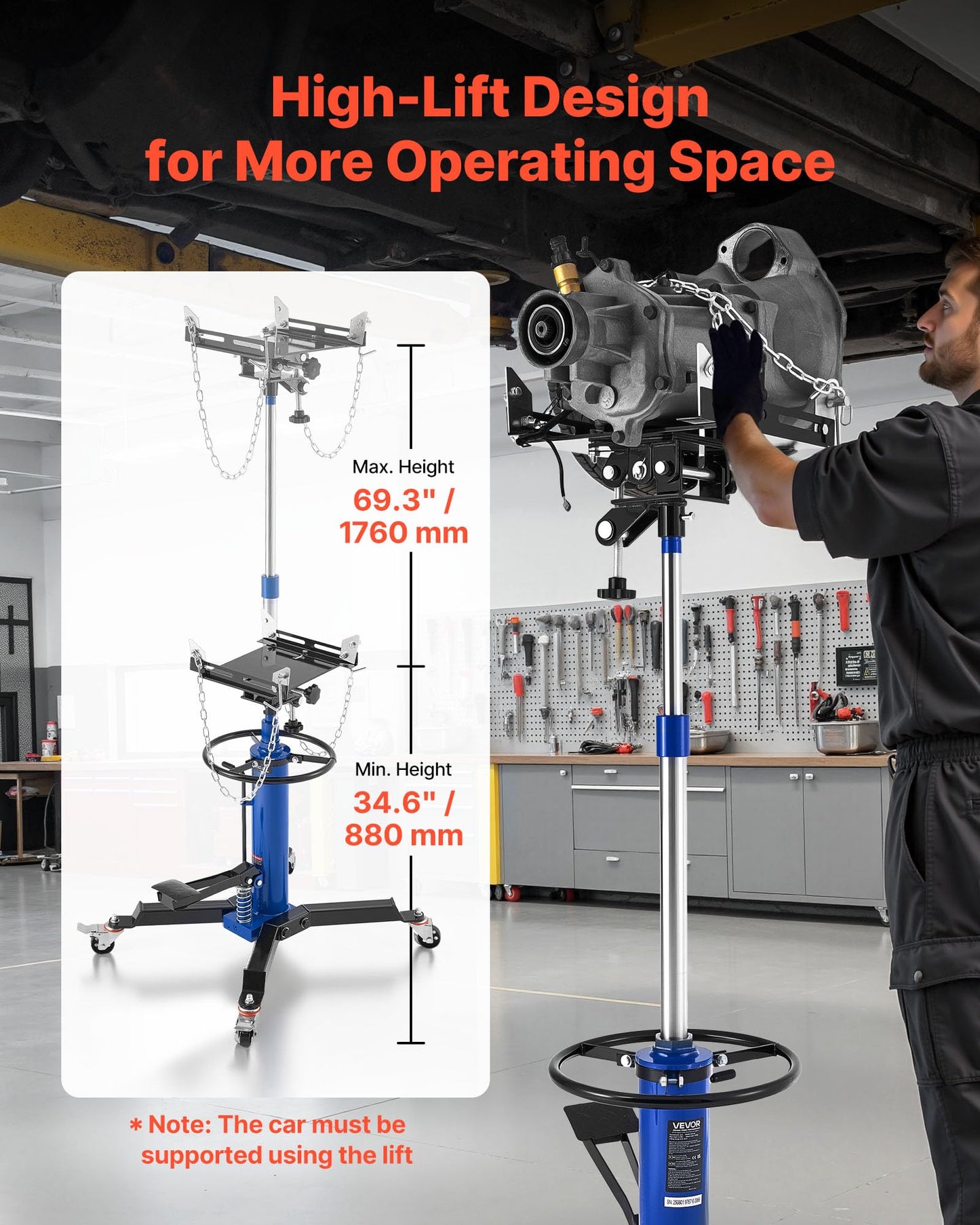 VEVOR Hydraulic Transmission Jack, 1660 lbs Capacity Hydraulic Telescopic Transmission Jack, 34.6-69.3 in High Lifting Height, 2-Stage Floor Jack Stand with Foot Pedal, 360° Swivel Wheel, Blue