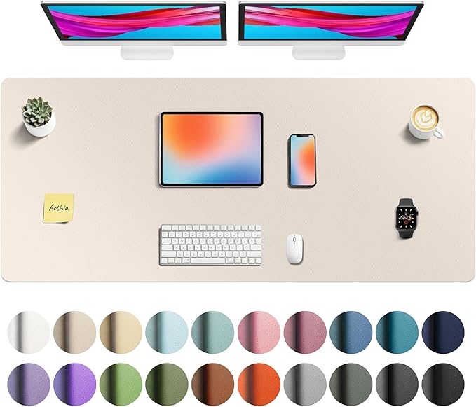 Aothia Faux Leather Desk Mat - Non-Slip PU Leather Desk Blotter, Waterproof Writing Surface, Large Desk Pad for Office & Home (Eggshell, 55" x 24")