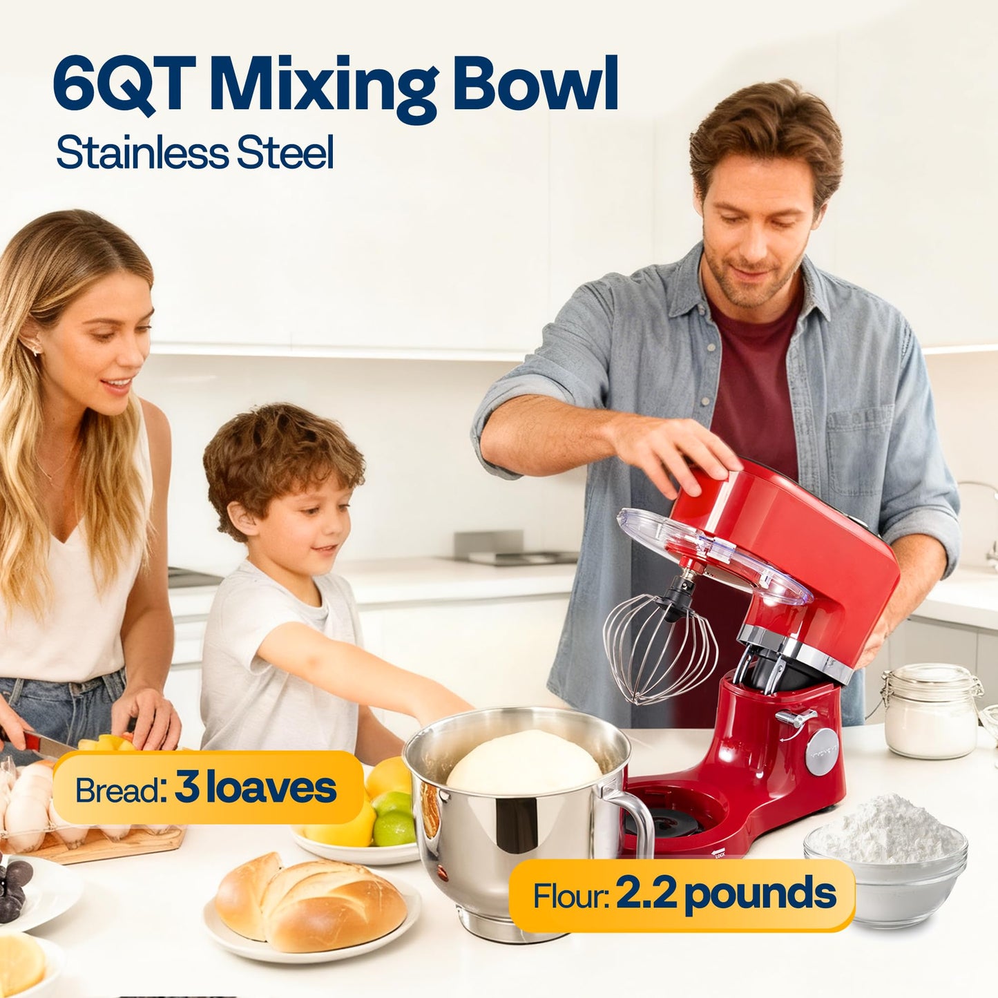 VIVOHOME Stand Mixer with Fermentation, One-Touch Presets Electric Dough Mixer with 6 Qt Bowl, Kitchen Standing Mixer for Baking, Cake with Flex Edge Beater, Bread Hook, Whisk, Red