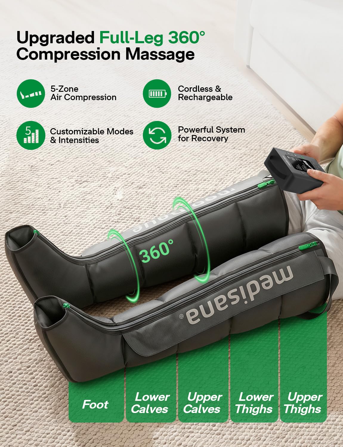 Medisana Leg Massager with Heat and Compression, Leg Massager for Circulation and Pain Relief, Compression Boots with 5 Modes & 3 Heat Levels for Edema Relief, Gifts for Mom, Dad, Him, Her