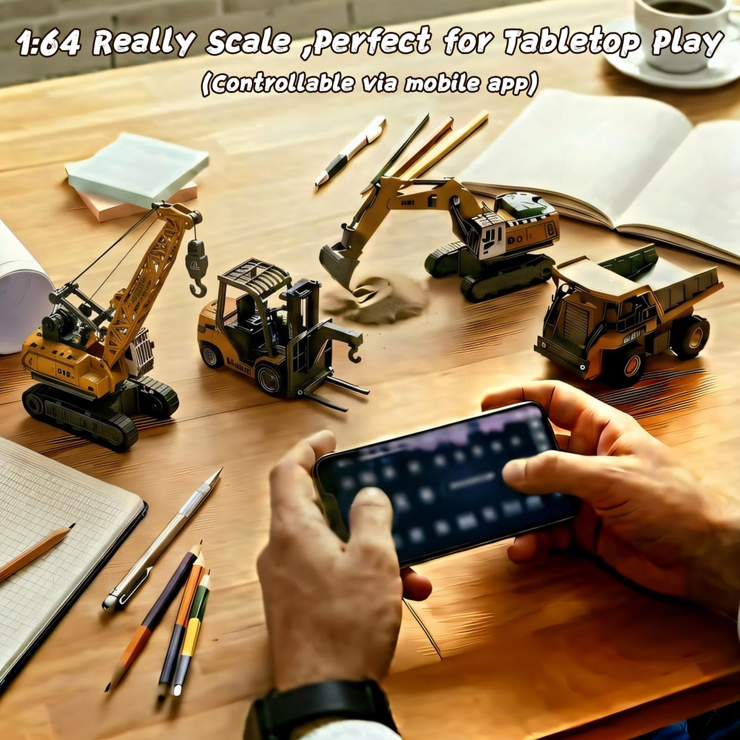 4 PCS RC Construction Vehicles Set with Mini Excavator dump truck Forklift and crane USB Charge Real Lights & Sounds and Movable Parts & Traffic Sign Simulate True Scale Birthday Gifts for Kids Adults