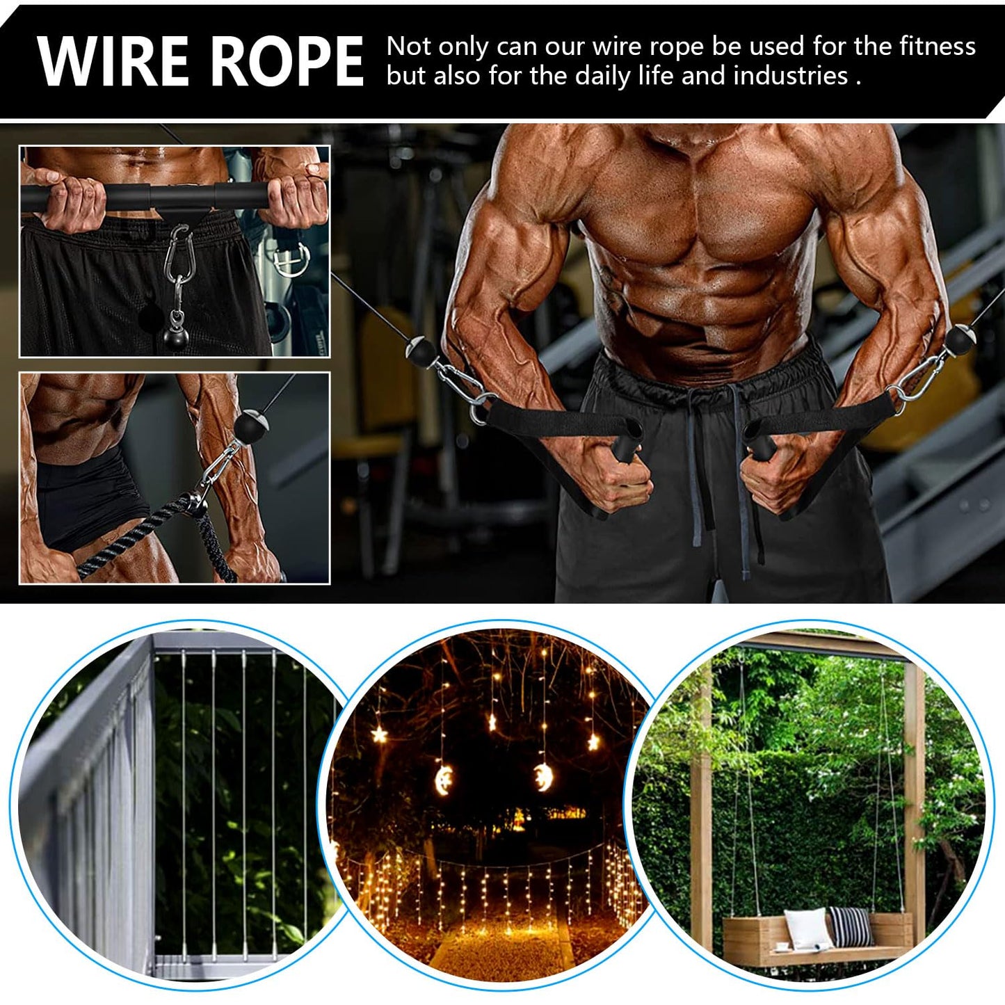 Favuit Fitness Pulley Cable, Gym Replacement Cable, Heavy Duty Steel Wire Rope, Black, 59in