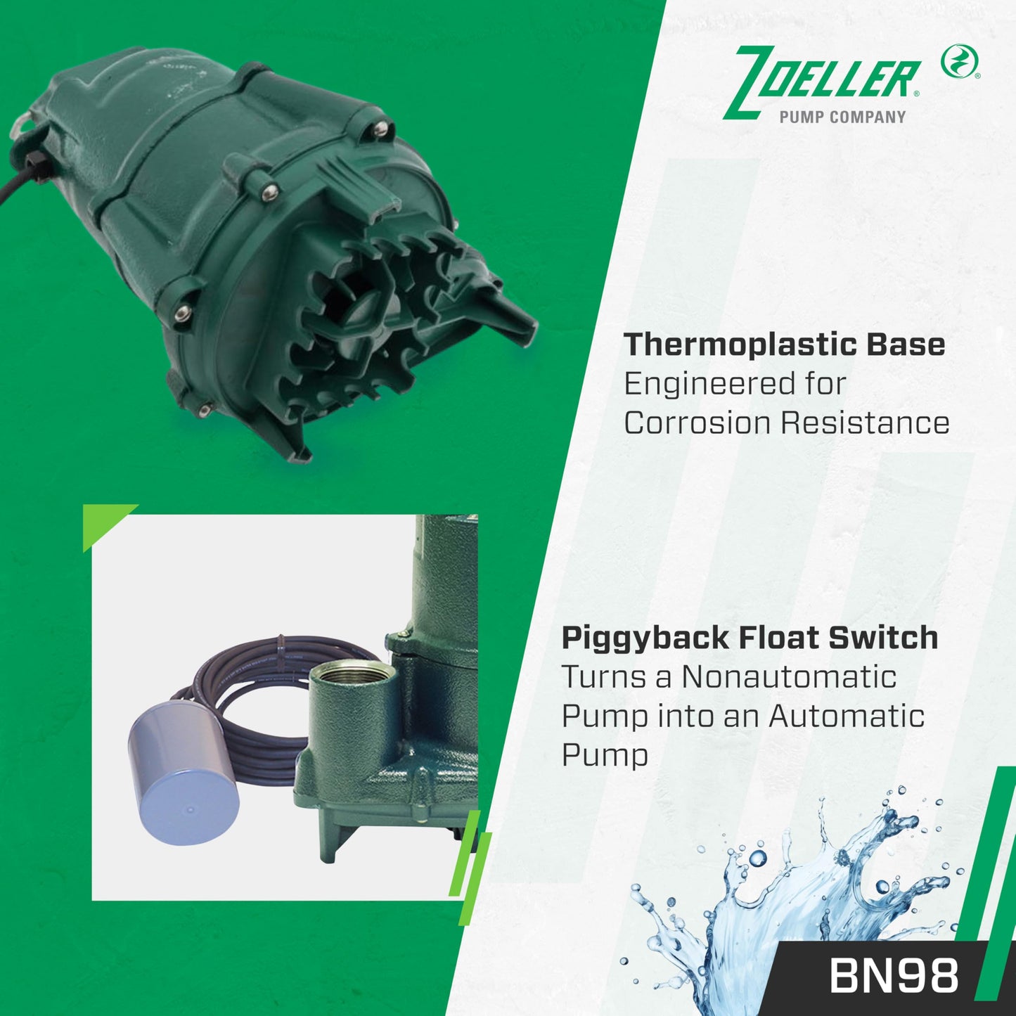 Zoeller BN98 Effluent Pump - ½ HP - Nonautomatic with Piggyback Float Switch- High Flow - Vortex Impeller - Factory Tested - Septic and Basement Sump Pump - 115V