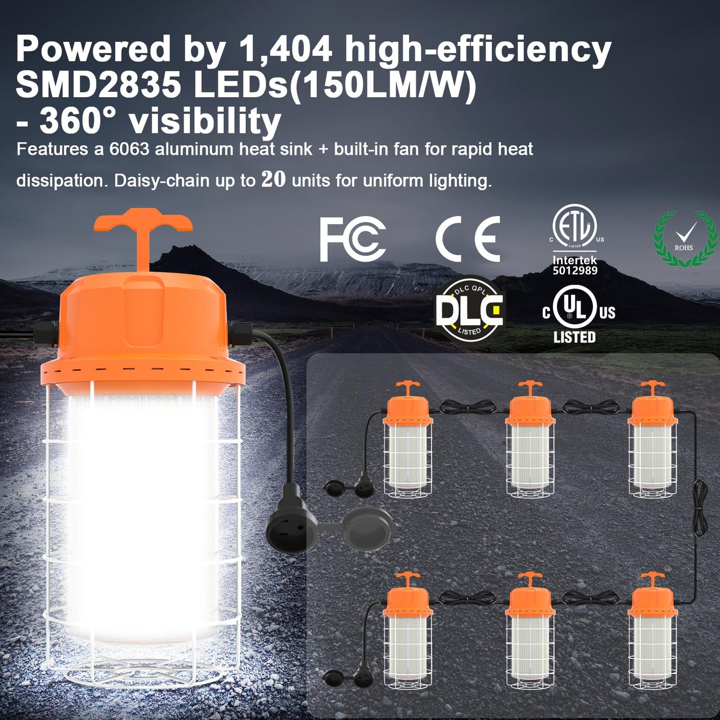 NS LED Temporary Work Light 400W 60000 LM, 5000K Daylight with 16-ft Cord & Hook, Waterproof, Orange - 26-Year Lifespan, 5-Yr Warranty, Chainable up to 20 (1-Pack) Construction JobSite Warehouse