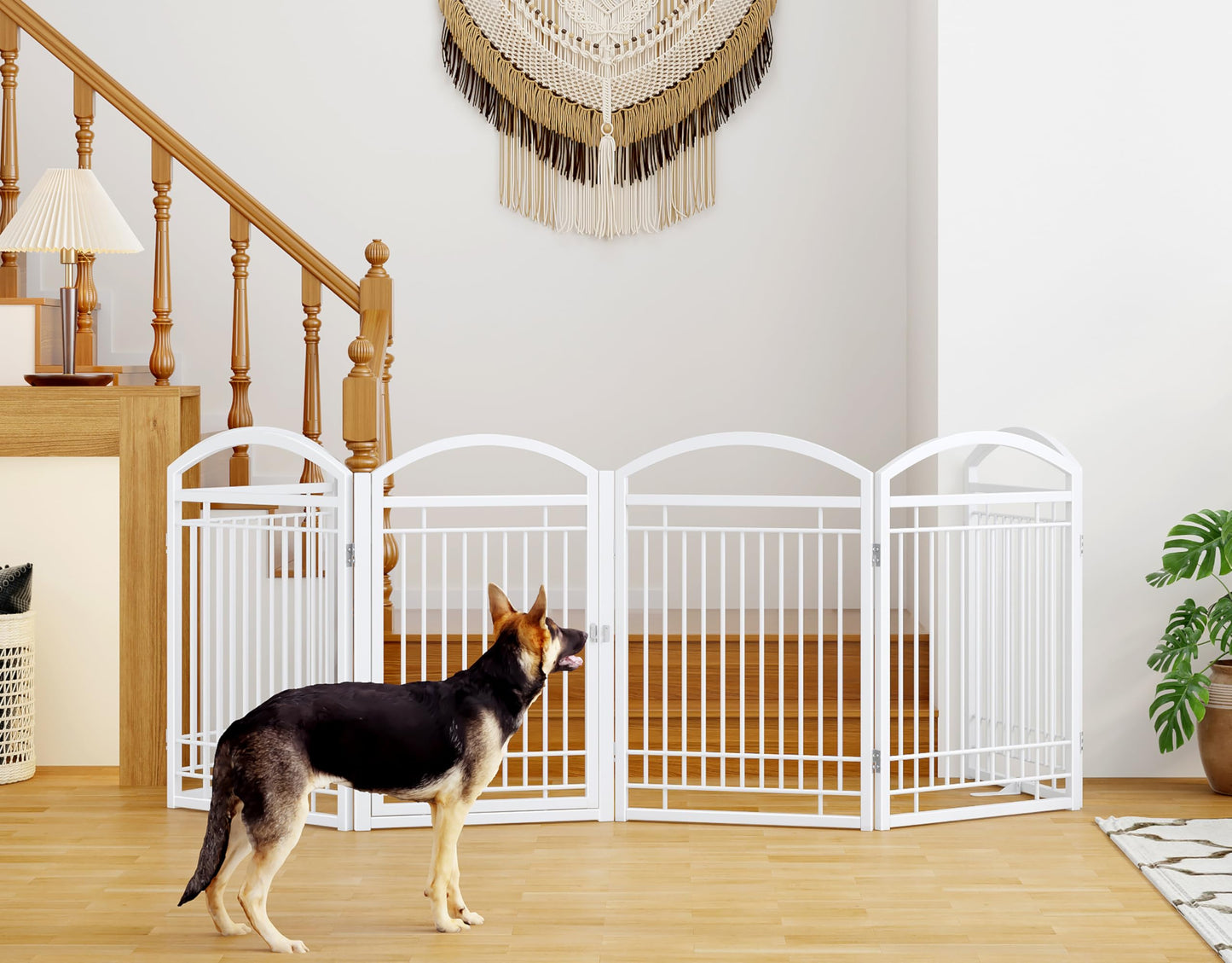 THKKY Folding No-Assembly Metal Freestanding Dog Gate with Door Walk Through,32" Height Pet Fence,144" Extra Wide Accordion Puppy Folding Playpen for Doorways,House,Stairs (6 Panels,White)