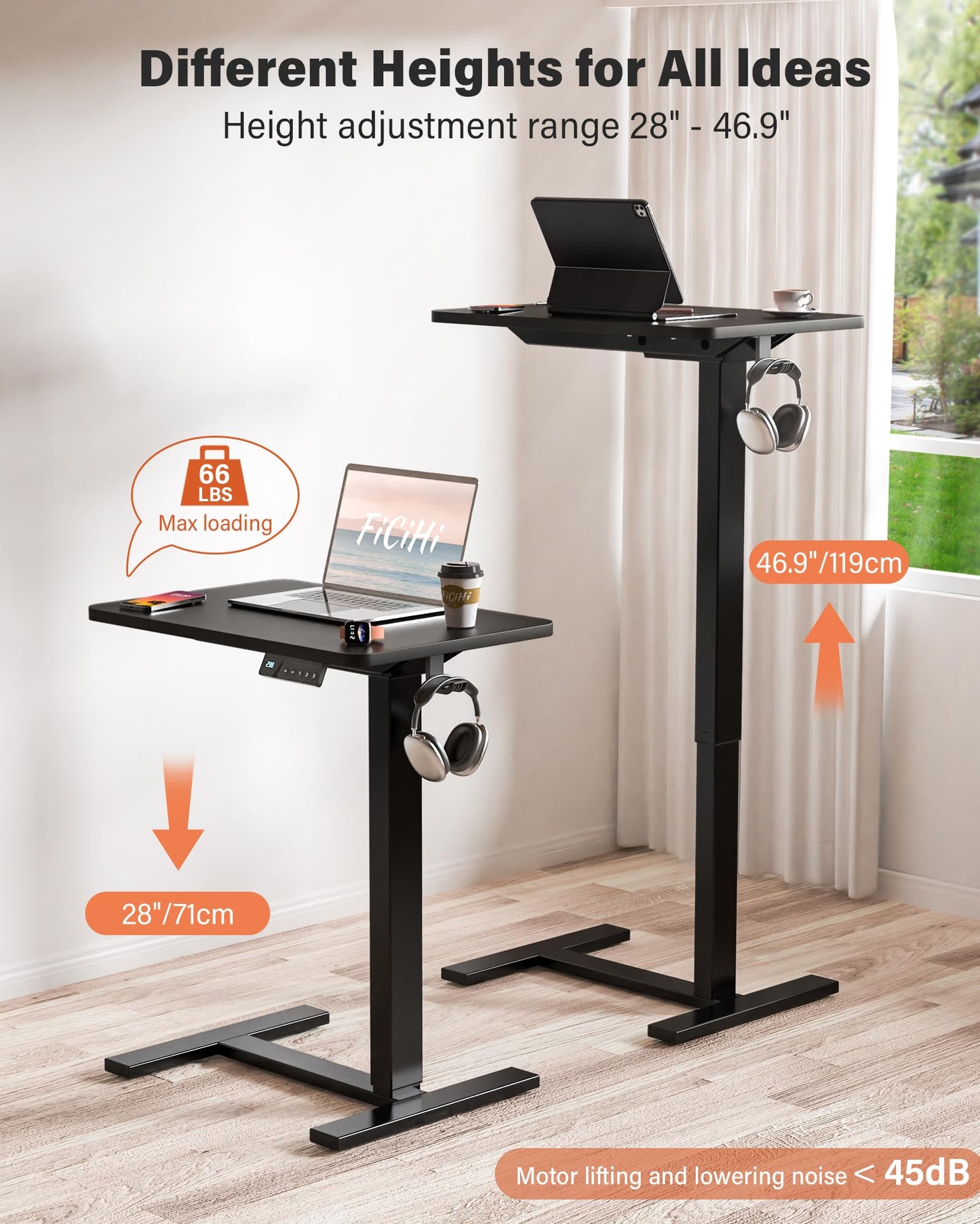 FiCiHi Electric Standing Desk with Wheels – Adjustable Height Mobile Sit-Stand Laptop Table, Portable Rolling Small Computer Workstation for Home Office & Bedside Use (28"x16", Black)