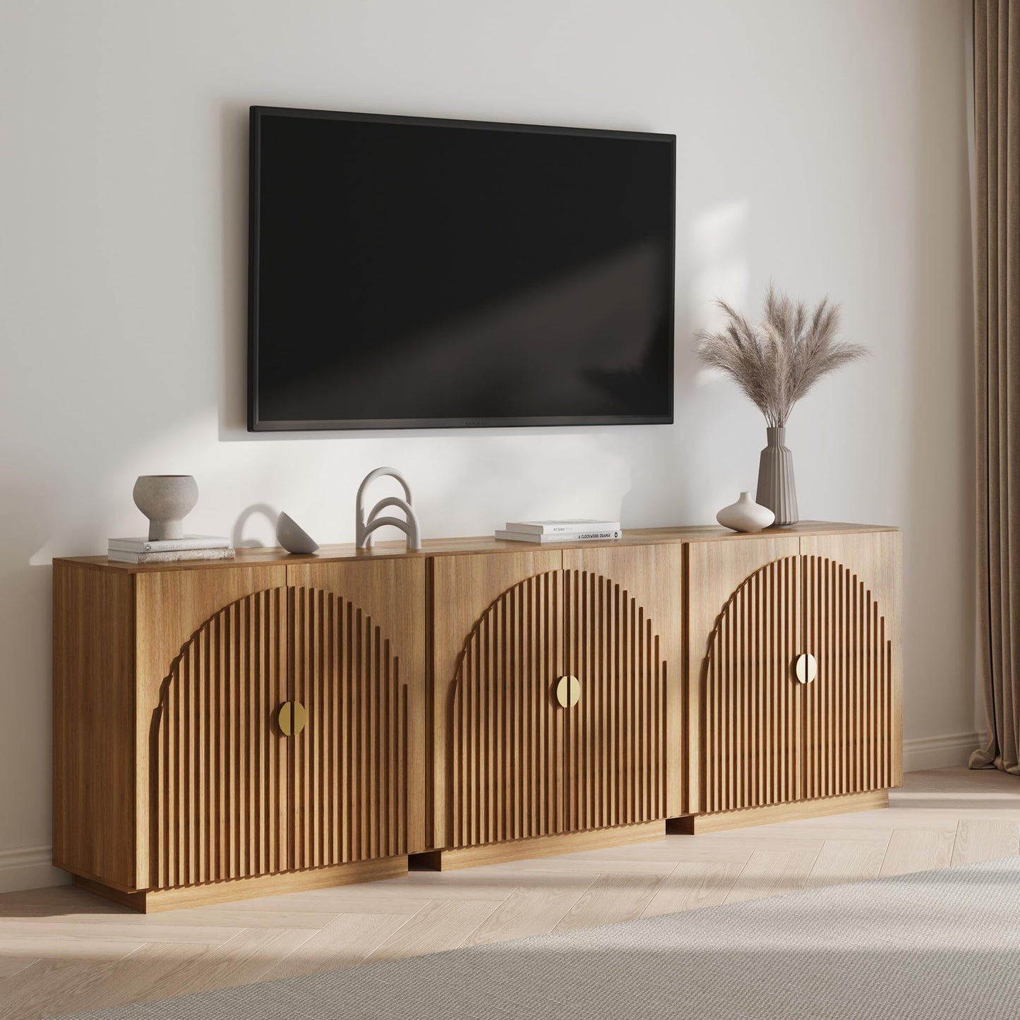 BELLEZE Set of 3 Modular Fluted Sideboard Buffet Cabinet with Storage, Mid-Century Modern Console Table with Symmetrical Arched Doors, Credenza for Dining Room, Kitchen and Living Room, Caramel Brown