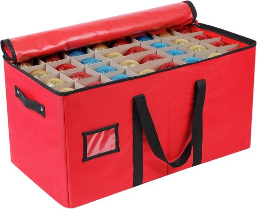 Lambada Christmas Ornament Storage Box - Durable Organizer with Adjustable Dividers | Holds 128 Ornaments (Red)