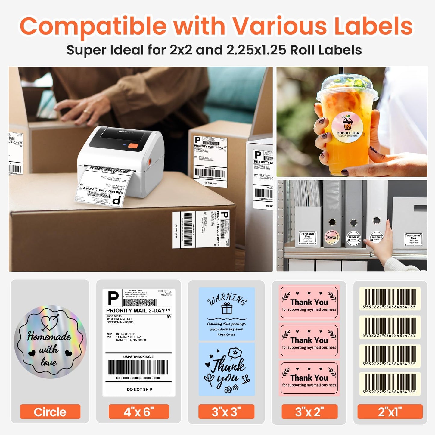 Omezizy Bluetooth Shipping Label Printer with 3 Roll Labels, D450BT White Thermal Label Printer 4x6 for Small Business, Thermal Printers Come with 750PCS 4x6‬ White Labels (250 Labels/Roll)
