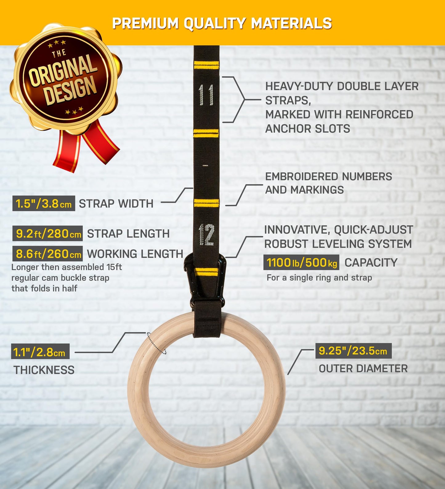 Double Circle Wood Gymnastics Rings with Quick Adjust Numbered Straps and Exercise Videos Guide - Full Body Workout Rings, Calisthenics, Home Gym