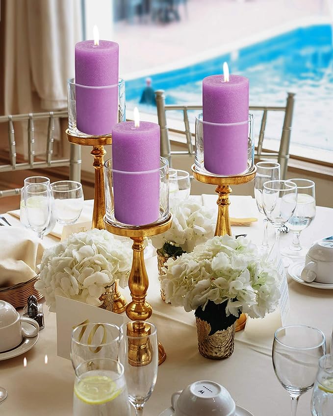 Mottled Pillar Candles by Bask - Set of 6-3" x 6" Dripless Unscented Candles in Purple for Home Decor, Relaxation & All Occasions