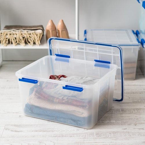 IRIS USA WeatherPro 44 Qt Storage Bins - BPA-Free Plastic with Tight Latch & Seal, Stackable | Clear/Blue, 2 Pack