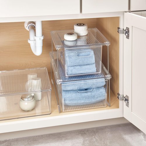 InterDesign iDesign Stackable Organizer-Cabinet Riser for Bathroom Storage-Set of 2-Clear/Satin Stacking Shelf-Small M2