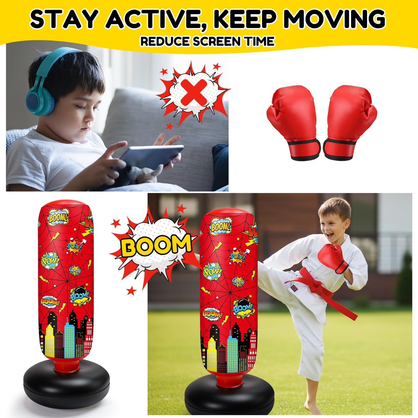 Jenaai 3 in 1 Inflatable Punching Bag for Kids 40" Boxing Kit with Gloves Air Pump Freestanding Punching Bag for Daily Exercise Karate Taekwondo, Birthday Easter Gift for Kids(Spiderweb)