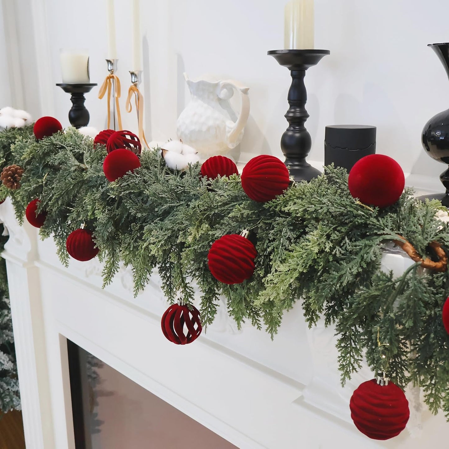 Senjie Burgundy Velvet Christmas Ornaments - 12PCS Flocked Plastic Balls for Tree Decoration