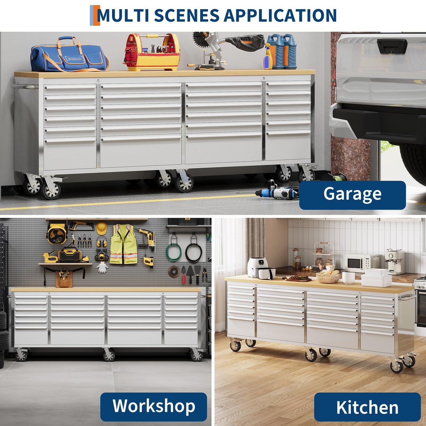 IDEALHOUSE 96 inch Rolling Tool Chest, Garage Workbench with 24 Drawers, Solid Rubber Wood Top & with Wheels Lock Key Locking, Mobile Workstation Tool Cabinet for Workshop Storage