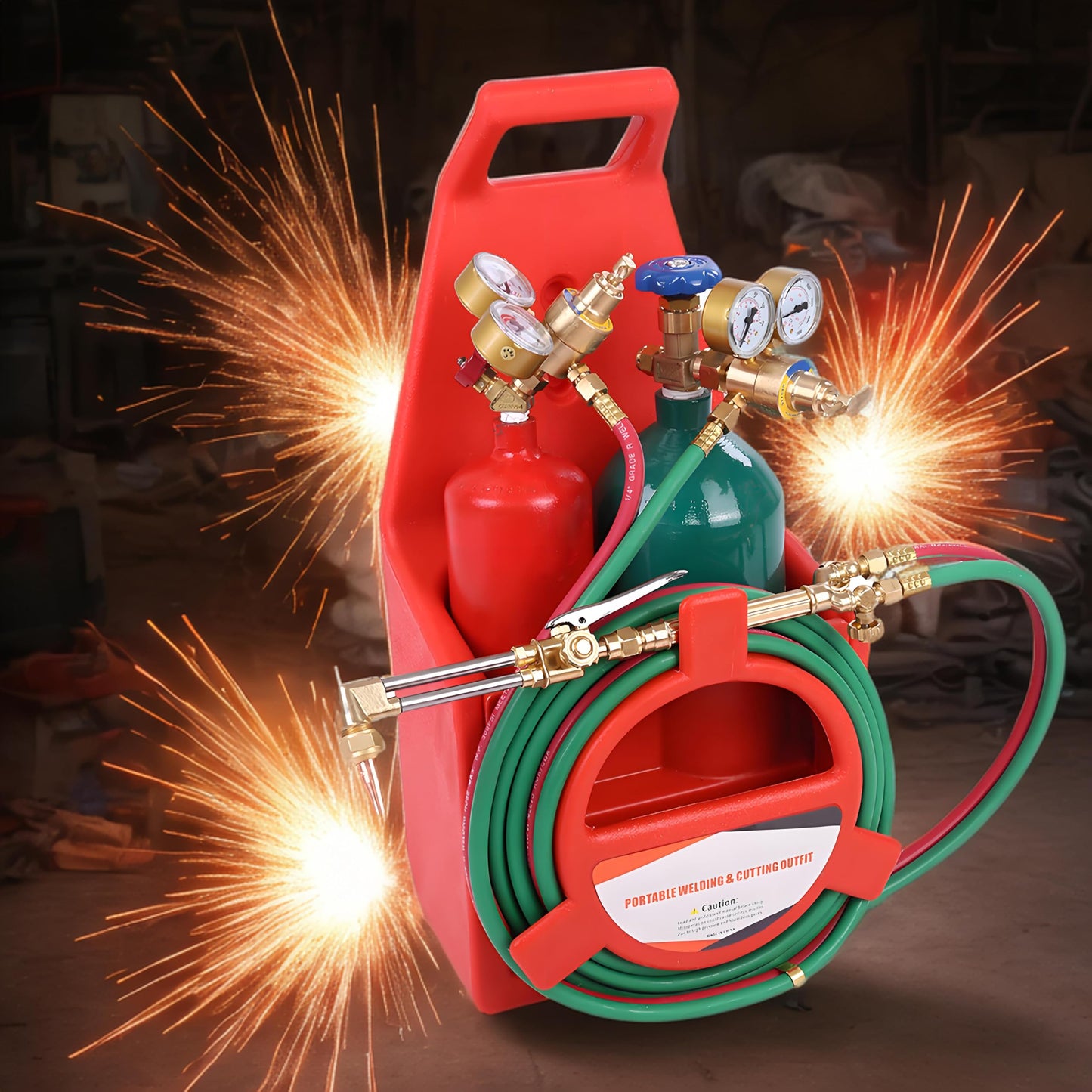 Oxyacetylene Torch Kit - Portable Welding Cutting Torch Kit with Gauges & Long Brass Nozzle, Oxy Acetylene Tanks, Regulators & Hoses, Oxy Acetylene Torch Set with Cutting Torches (US Fast Arrival)