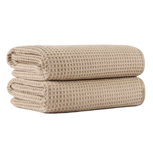MICROFI New Microfiber Waffle Bath Towels, 2 Pieces, Oversized, Soft, Absorbent, Fast Drying, Lint Free 430 GSM (Beige)