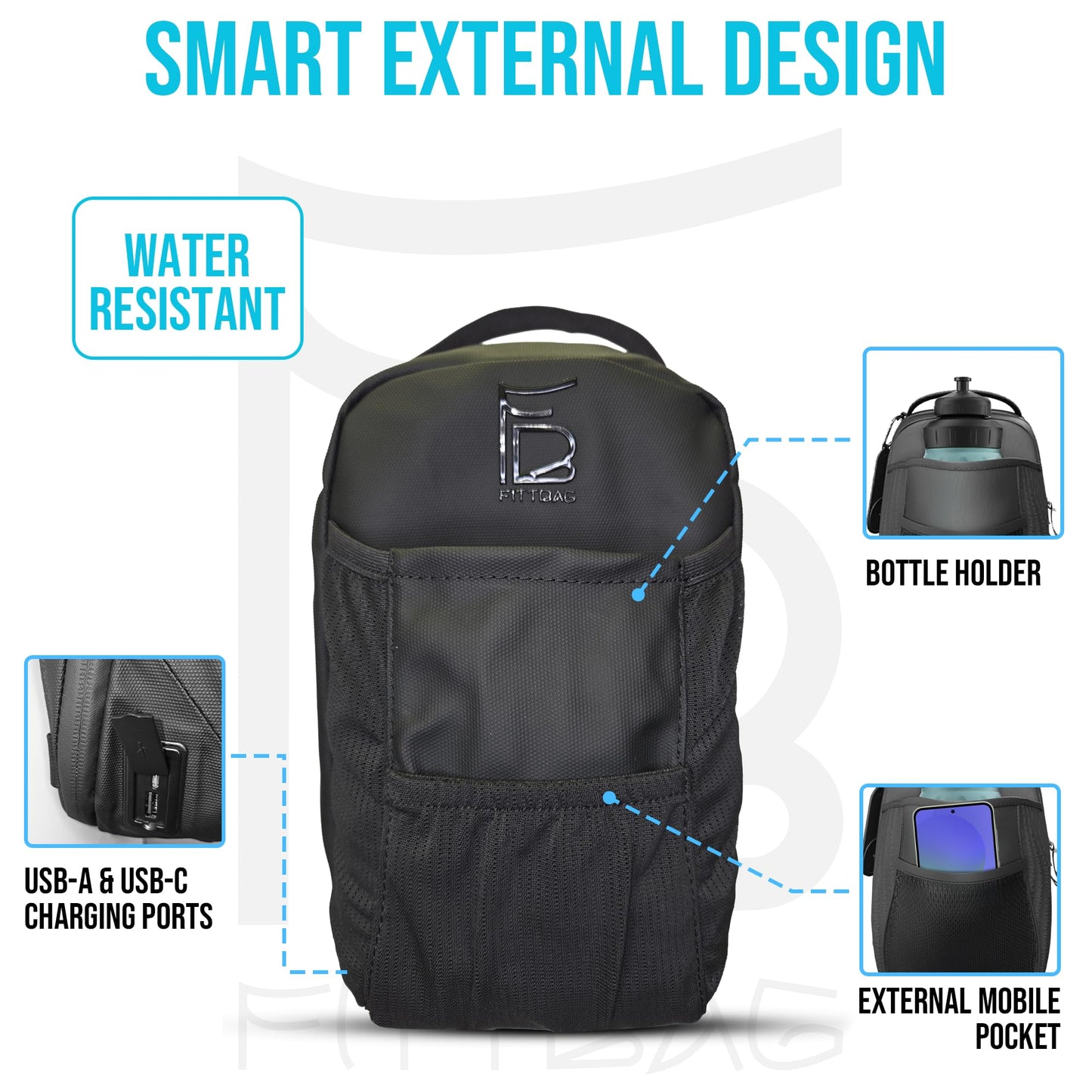 FB Fittbag™ Magnetic Gym Bag for Men - Crossbody Water Bottle Holder with Strap, USB Port, RFID-Blocking Pocket - Magnet Clip for Lockers, Racks & Golf Carts, 1.5L Capacity