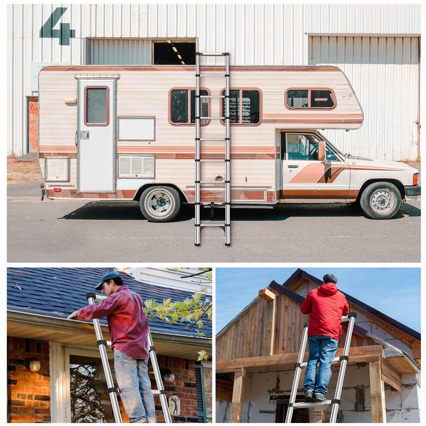 DEZEX Telescoping Ladders 16.5 FT Aluminum Ladder - One-Button Retraction Collapsible Extension Ladder with 2 Triangle Stabilizers & Hooks for Home, Outdoors, RV, Attic & Loft, Lasts 330 LBS