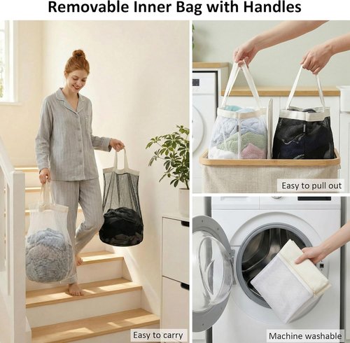 Efluky Laundry Hamper - Double 2-Section Basket with Lid & Removable Bags - 140L Beige