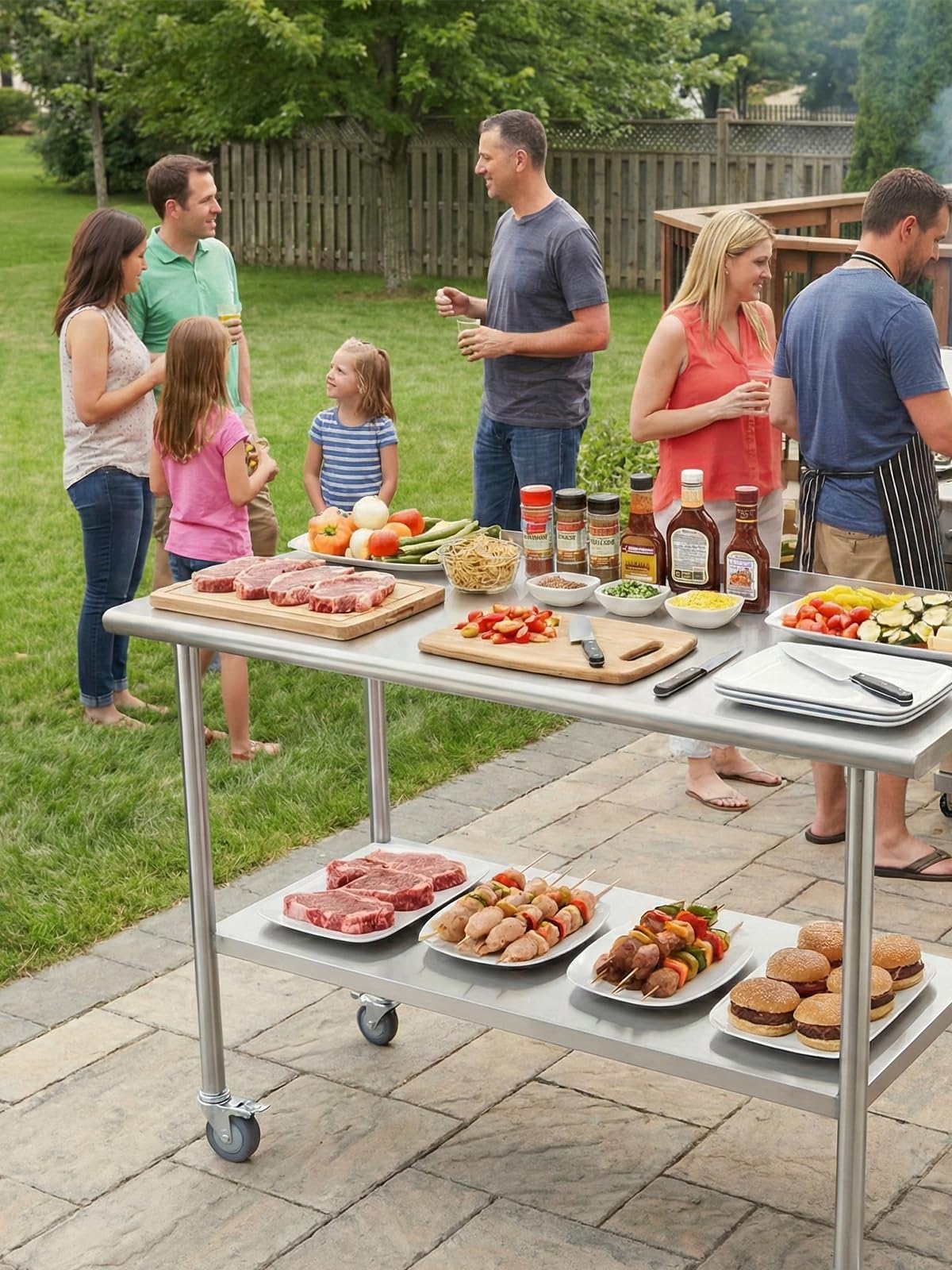 Atelicf All-Stainless Steel Prep Table, 24 x 48 Inch, with Rounded-Corner Backsplash, Casters and Adjustable Undershelf, Heavy-Duty Build for Outdoor Use, Restaurants, Kitchens, Gardens, and Garages