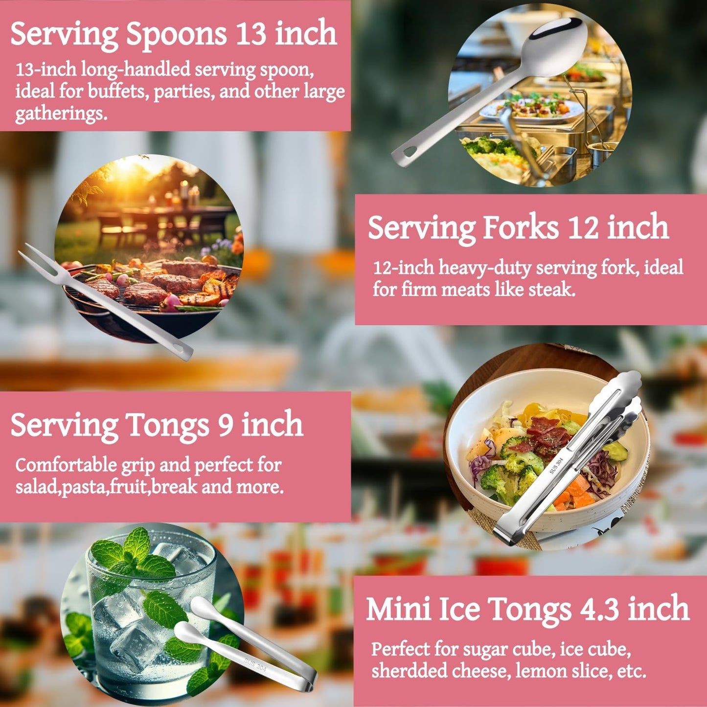 10-Piece Large Flatware Serving Utensils Sets, Stainless Steel Long Handle Serving Spoons, Heavy Duty Serving Forks, Serving Tongs, Mini Sugar Tongs for Buffet Catering Banquet Party (Silver)