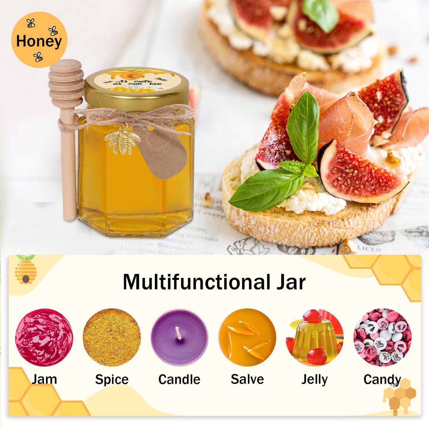 Aliggbent 70 Pack Small Honey Jars for Party Favors in Bulk, 3 oz Mini Hexagon Glass Honey Jars with Dippers, Lids, Cute Stickers, Bee Charms, Gift Bags and Jute for Baby Showers, Weddings, Birthdays