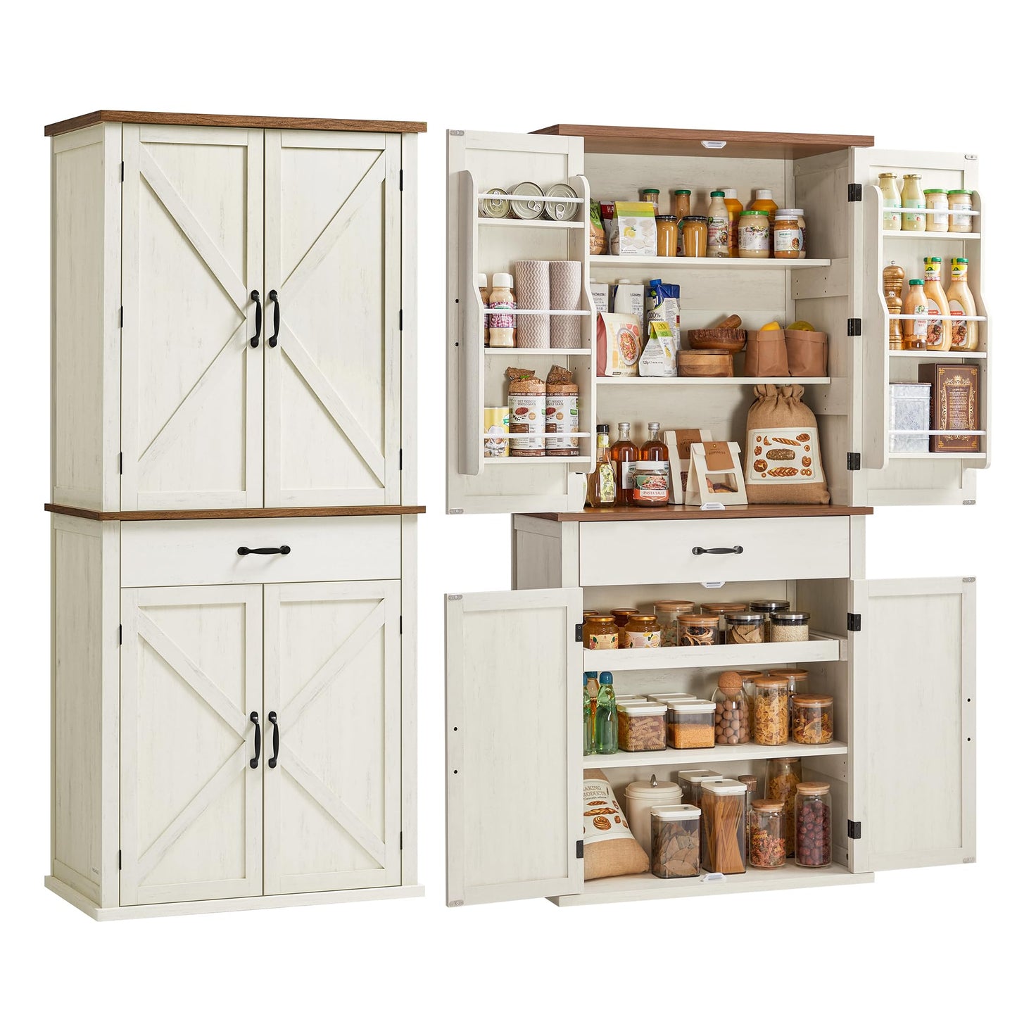 VASAGLE LIRY Collection - Pantry Cabinet, 70.3-Inch Tall Farmhouse Kitchen Storage Cabinet with Barn Doors, Drawer, Tray, Adjustable Shelves, for Kitchen, Dining Room, Rustic White UBBK364W01