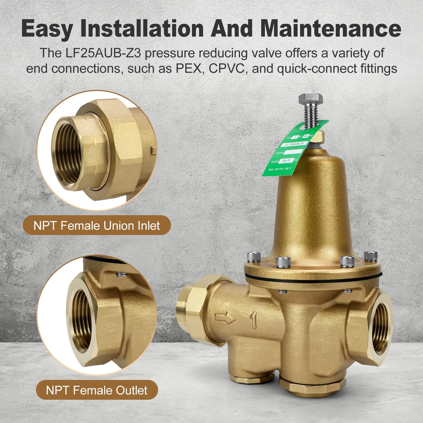 LF25AUB-Z3 1" Cast Copper Silicon Alloy Pressure Reducing Valve, Adjustable 25-75 psi, Maximum 300 psi, NPT Female Union x NPT Female Outlet, Polymer Seat