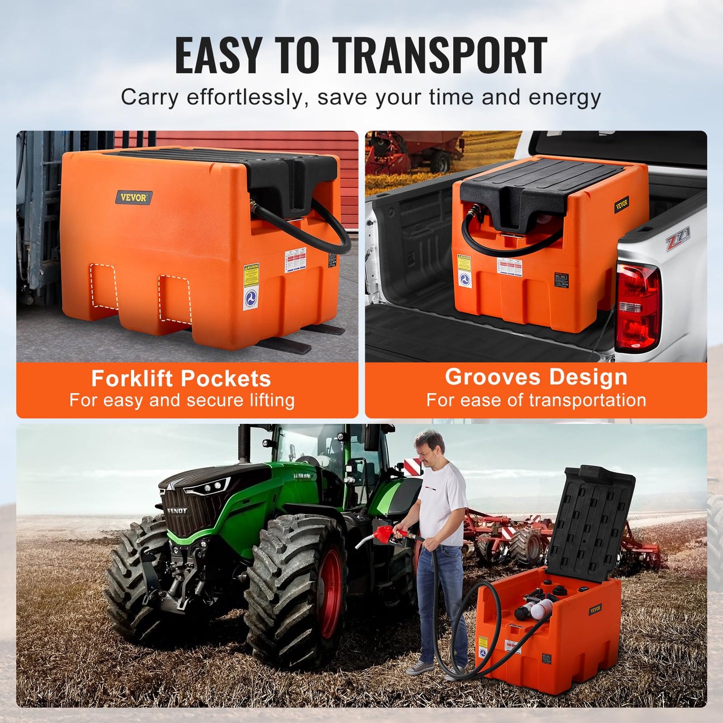 VEVOR Portable Diesel Tank, 48 Gallon, 10.6GPM Flow Rate, Diesel Fuel with 12V Electric Transfer Pump, 13.1 ft Hose, Auto Fueling Nozzle, Transfer Tank for Easy Fuel Transportation, Orange