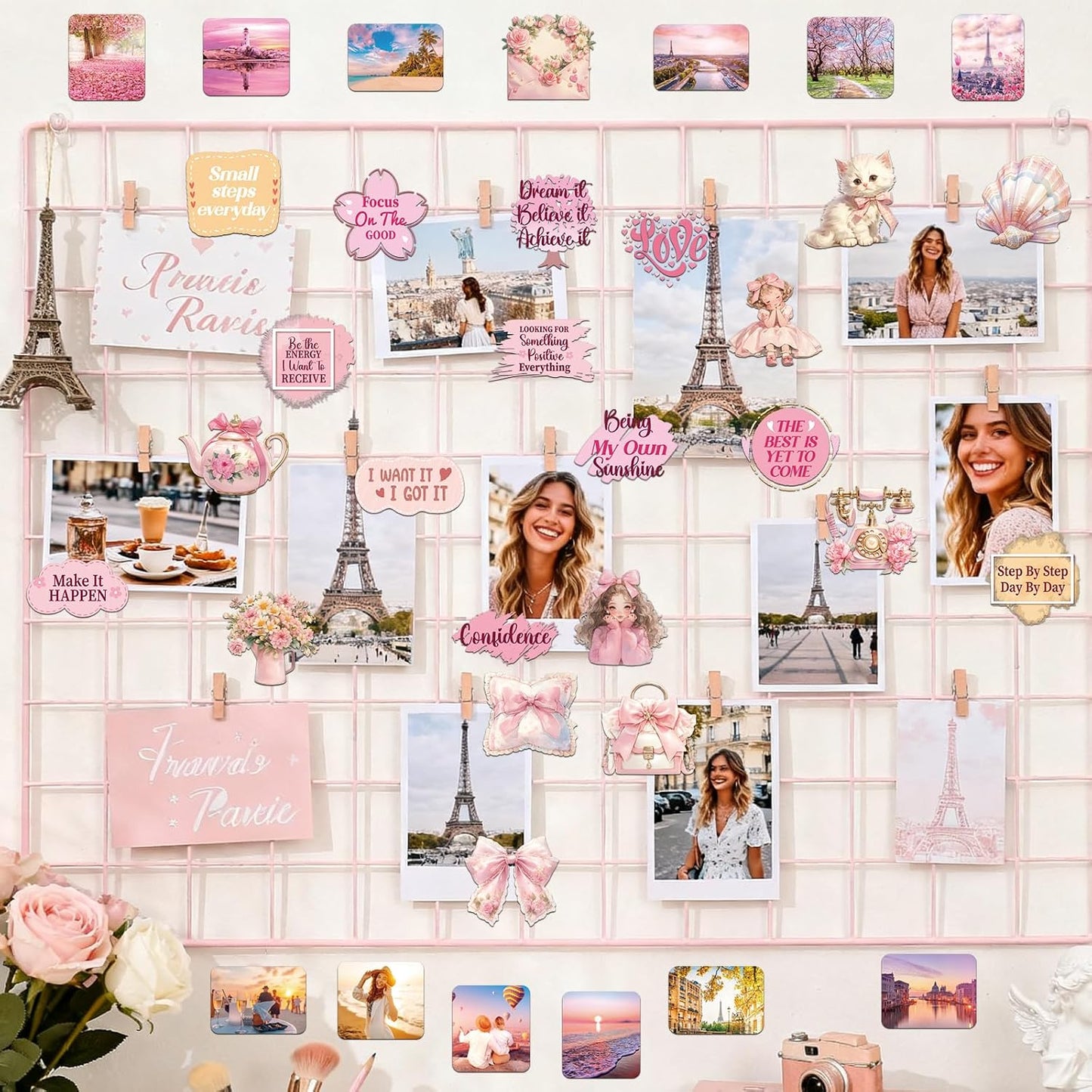 50 Pink Vision Board Stickers - Pcs Cute Aesthetic Travel Planner Scrapbooking Supplies Kit for Adults Women