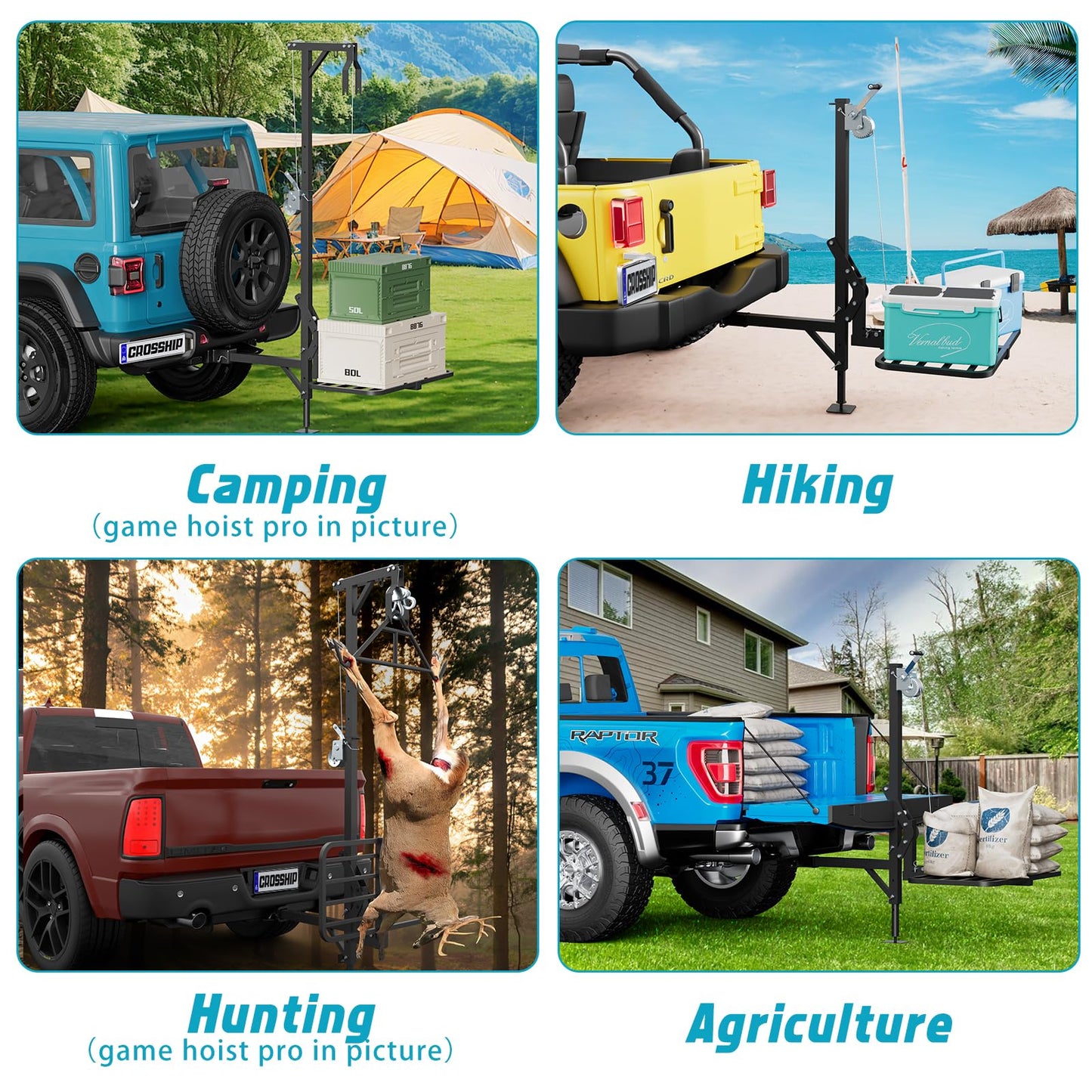 CROSSHIP Truck Hitch Game Carrier Lifting System - Hitch-Mounted Hoist Platform - 360 Degree & Foldable for Safely Load, 250lbc Lift for Truck, Pickups & SUV (Fits 2'')