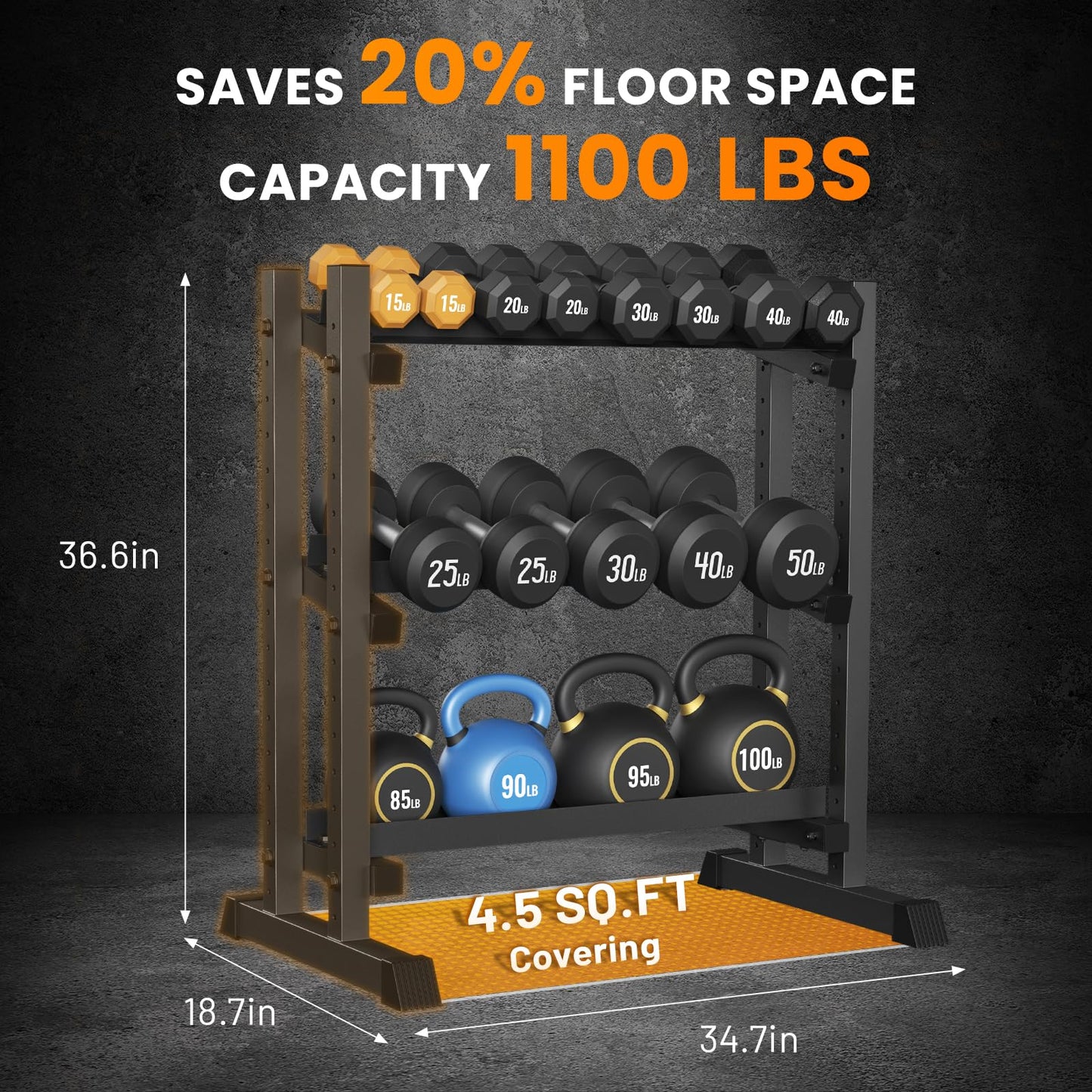 TOPIRON 3-Tier Dumbbell Rack, 1100LBS Capacity Adjustable Weight Rack, Heavy-Duty Weight Stand for Dumbells & Kettlebells, Compact Weight Storage Organizer for Home Gym (Rack Only)