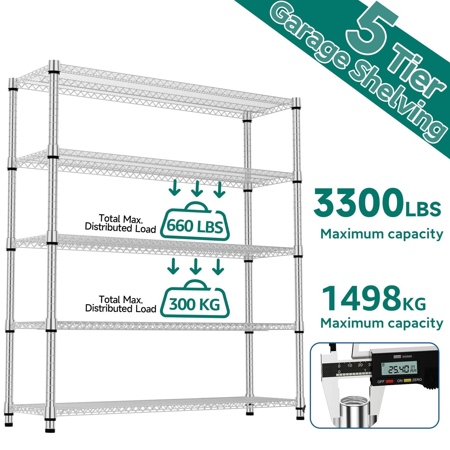 M MZG 5 Tiers Shelf 3300 lbs Steel Storage Shelving Utility Shelving Unit Steel Organizer Wire Rack for Home,Kitchen,Office,Garage Chrome 17.7" D x 47.2" W x 70.3" H