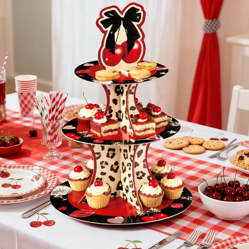 Haooryx Cheetah Cherry Cupcake Stand - 3 Tier Red Cherry Bow Leopard Print Cupcake Tower Cardboard Dessert Holder Pastry Platter for Baby Shower Girls Birthday Wedding Holiday Party Table Decoration