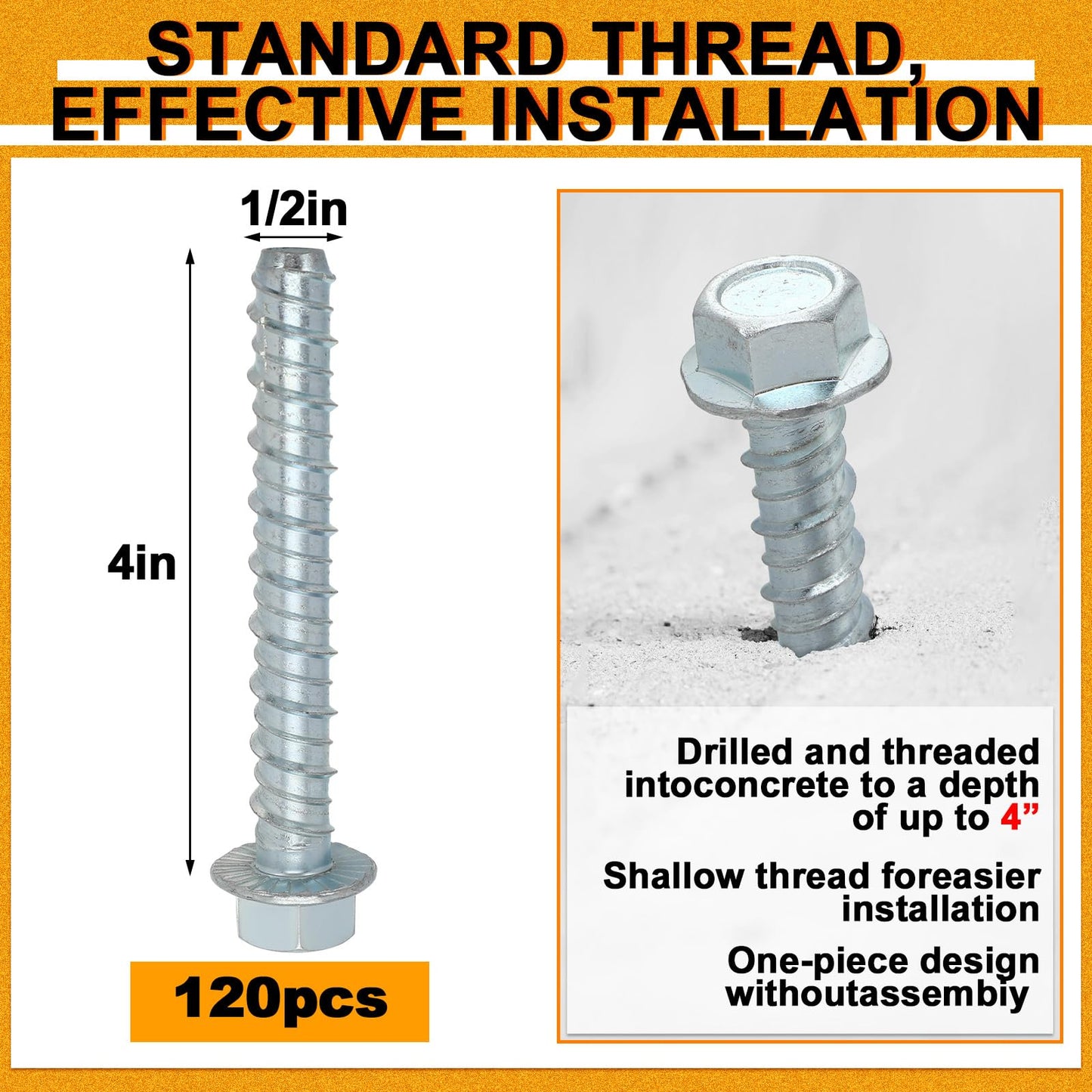 Hicarer 120 Pack 1/2" x 4" Concrete Screw for Anchoring to Masonry, Galvanized Heavy Duty Large Diameter Masonry Screws for Anchoring, Brick, Block, Decking and Framing, Hex Drive