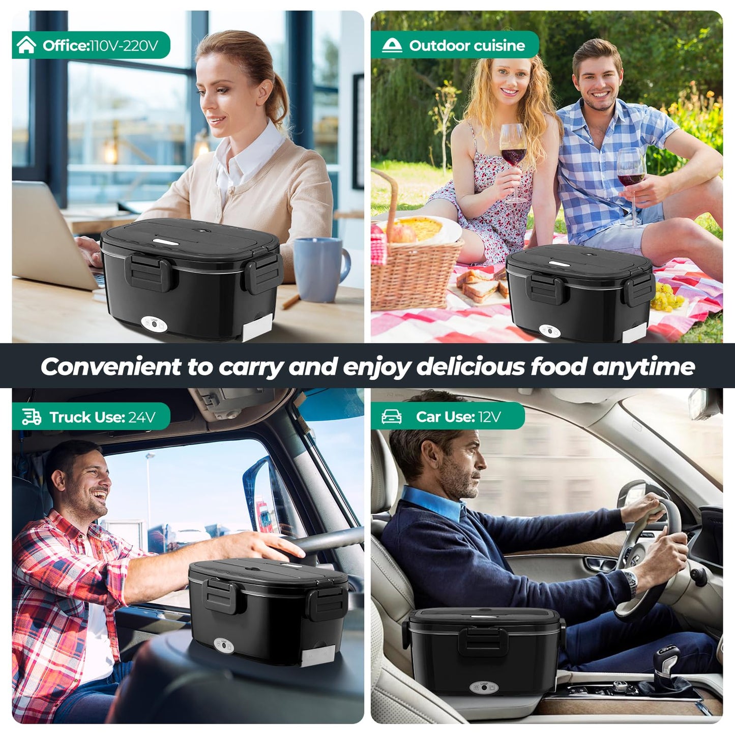 Vidaskeci Electric Lunch Box for Adults 100W Fast Heated Lunch Box for Men Women with Dual 1.5L Stainless Steel Containers Fast Heating Portable Food Warmer 12V/24V/110V Lunch box, Home/Office/Truck