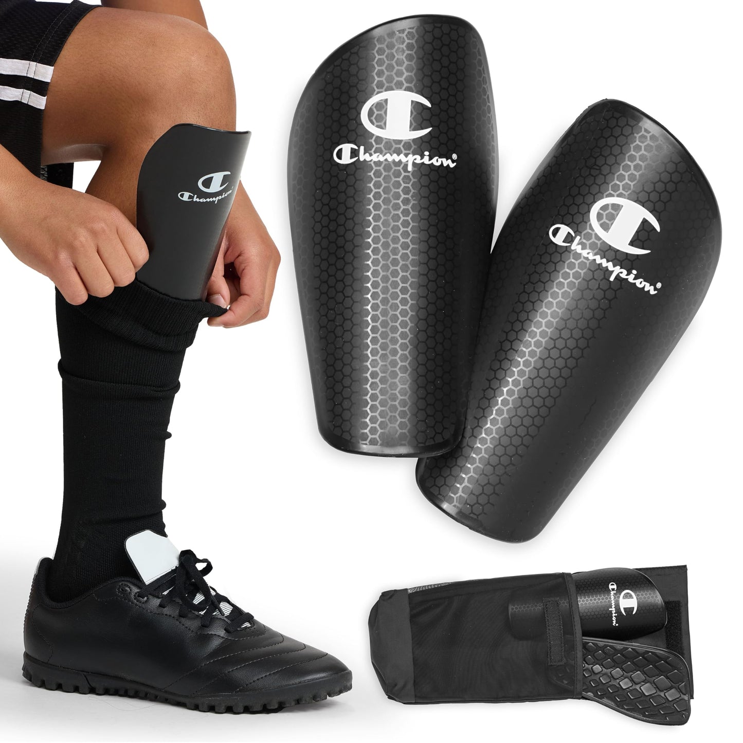 Champion Defender Elite Youth Soccer Shin Guards (S/M, Black), Slip-in Curved Plastic Plate and EVA Foam Interior for a Contoured Fit, for Boys/Girls Soccer Game