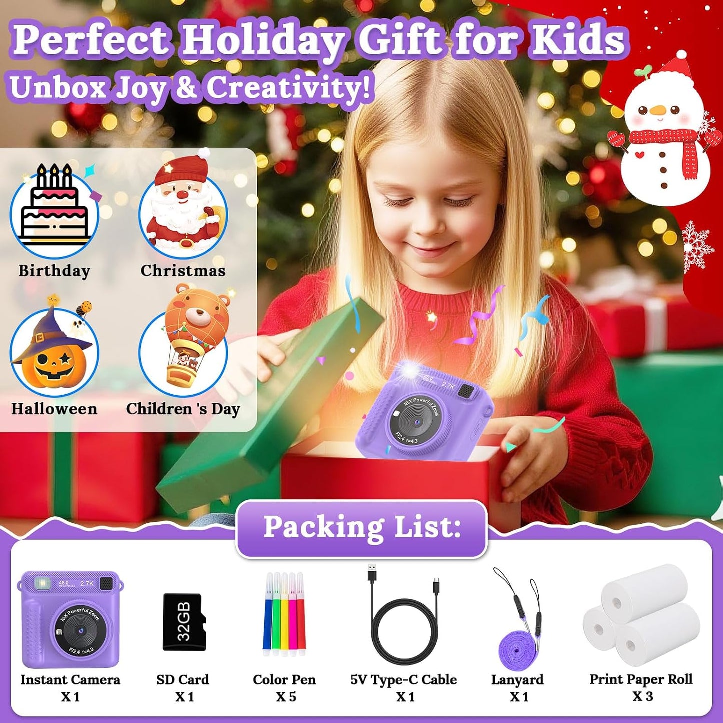 JPVERLY 1080P 32GB 3-12 Kids Camera Instant Print, HD Digital Video Recorder with SD Card, Christmas Birthday Gifts