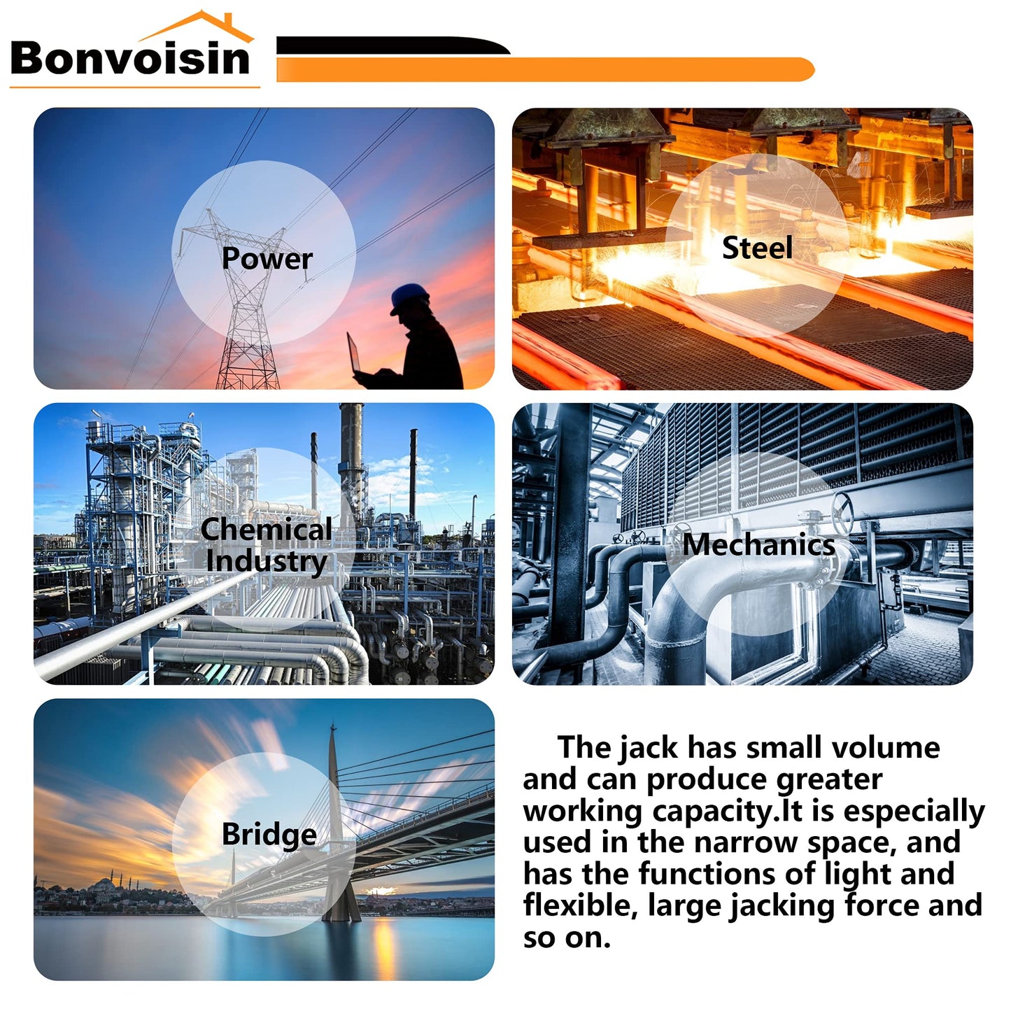 Bonvoisin Hydraulic Hollow Jack Cylinder 20T Hydraulic Ram Cylinder 2" Stroke Porta Power Ram Single Acting Lifting Cylinders for Machinery Shipbuilding