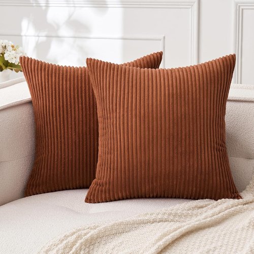 MIULEE Decorative Corduroy Throw Pillow Covers - Soft Square Cushion Cases, 18 x 18 Inch, Dark Rust (Pack of 2)