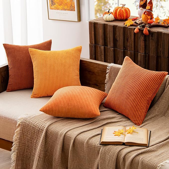 MIULEE Boho Farmhouse Throw Pillow Covers 18x18 Inch Set of 4 Mordern Nordic Cushion Covers Soft Corduroy Home Decor for Couch Bed Sofa Living Room Orange Rust