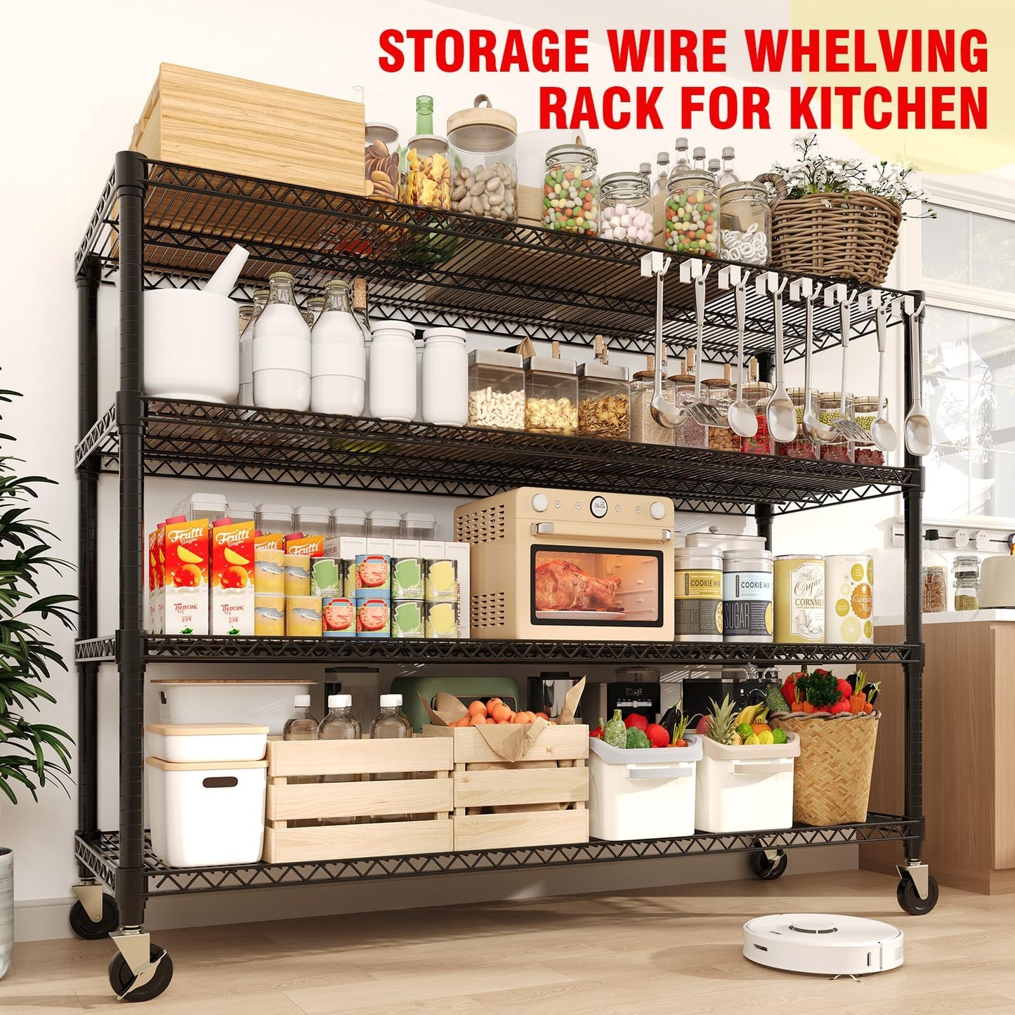 EliteEdge 4-Tier Tall Steel Wire Shelving Unit with Wheels, Heavy Duty Storage Rack, 2640 Lbs Capacity, Adjustable Industrial Shelves for Garage, Workshop, or Warehouse