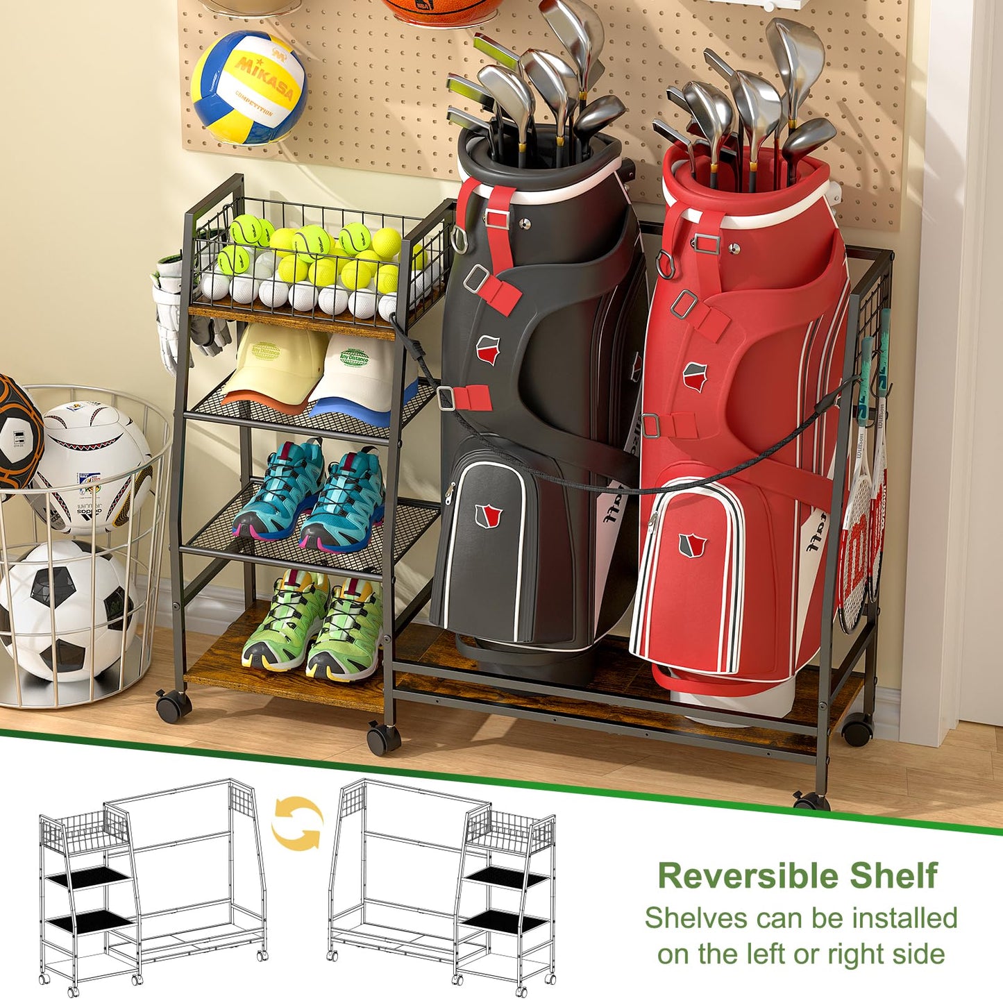 Golf Bag Storage Rack for Garage with Wheels, Organizer for 2 Golf Bag and Equipment Accessories, Golf Organizer Stand Ideal for Home, Garage, Club, Shed, Basement - Sturdy and Durable (Black)