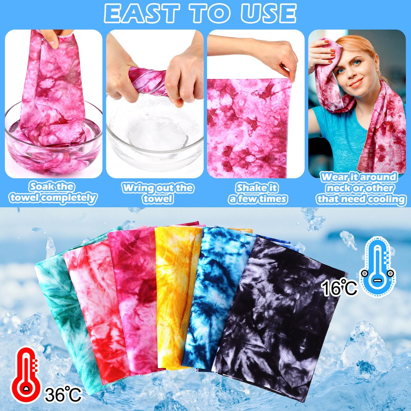 Lumina Garden 12 Pcs Tie Dye Cooling Towel for Neck and Face, 40 x 12 Inch Soft Microfiber Breathable Chilly Ice Towel, Stay Cool Sweat Rags for Sports Biking Hiking Running Yoga Golf Camping