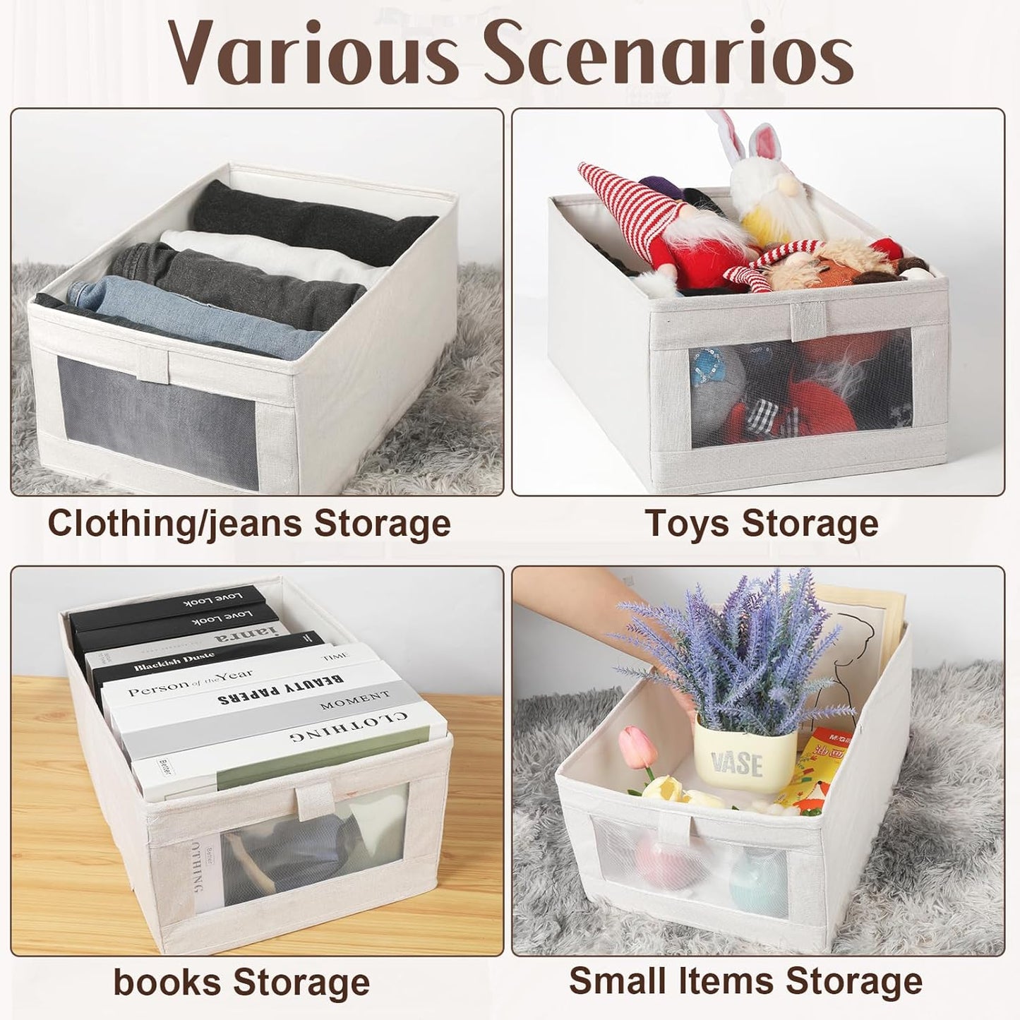 VZZNN Linen Closet Organizers - 4 Pack Foldable Storage Bins with Clear Window | Beige