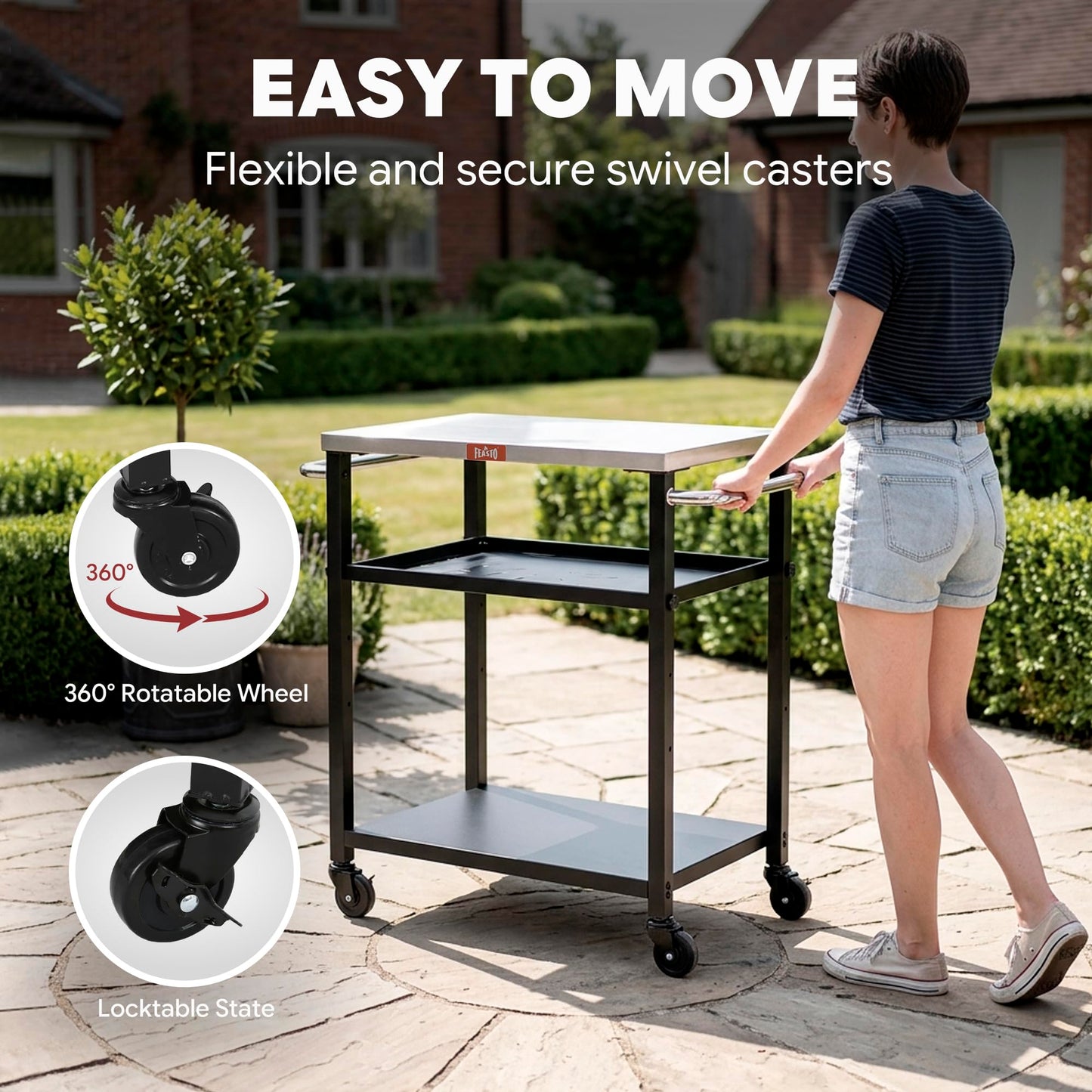 Feasto 3-Tier Outdoor Grill Cart, Rolling Pizza Oven Table with Compact 26.6" x 16.1" Stainless Top for Pizza Ovens & Griddles, Outdoor Bar Cart with S-Hooks for Patio Parties, Deck Dining & Camping